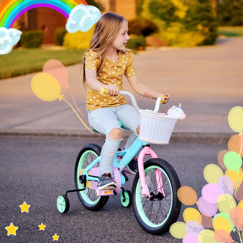JOYSTAR دراجة JOYSTAR للأطفال مقاس 14 بوصة للفتيات من 3 إلى 5 سنوات، دراجة للأطفال مع عجلات تدريب ومكابح كواتر، 85% مجمعة، ماكارون - Image 5